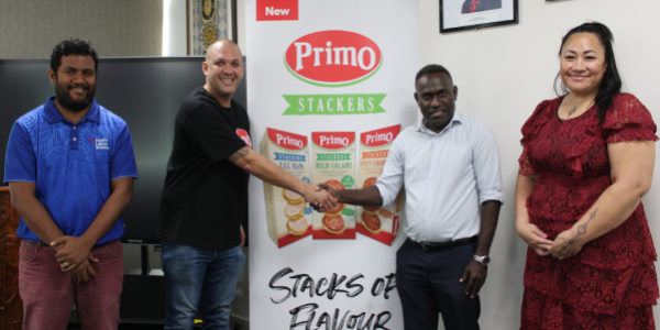 MFAET Trade Commissioner, Barrett Salato shaking hands with the Recruitment Lead of JBS Primo, Stanton Jaftha after their meeting today. On the left is the Labour Mobility Engagement Manager- Solomon Islands of the Pacific Labour Facility, David Ramosaea and JBS Australia Palm Coordinator, Faamita Faalava. JBS Primo will be conducting interviews for local workers this week as it looks to expand its recruitment in the Solomon Islands.
