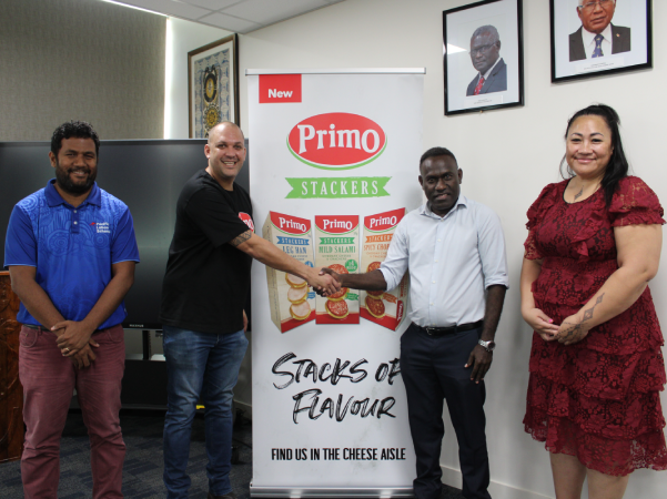 MFAET Trade Commissioner, Barrett Salato shaking hands with the Recruitment Lead of JBS Primo, Stanton Jaftha after their meeting today. On the left is the Labour Mobility Engagement Manager- Solomon Islands of the Pacific Labour Facility, David Ramosaea and JBS Australia Palm Coordinator, Faamita Faalava. JBS Primo will be conducting interviews for local workers this week as it looks to expand its recruitment in the Solomon Islands.