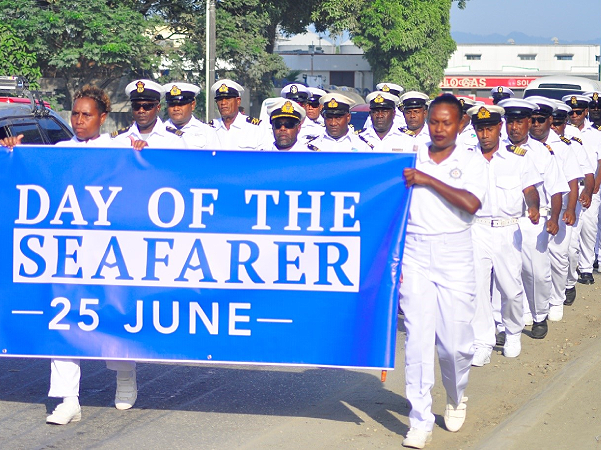 Solomon Islands marine officers participate in a parade from Kukum campus to the School of Marine during the International Day of Seafarer yesterday. SEAFARERS have played an important role in shaping our nation’s history, culture and economy. Photo: Lachlan Eddie.