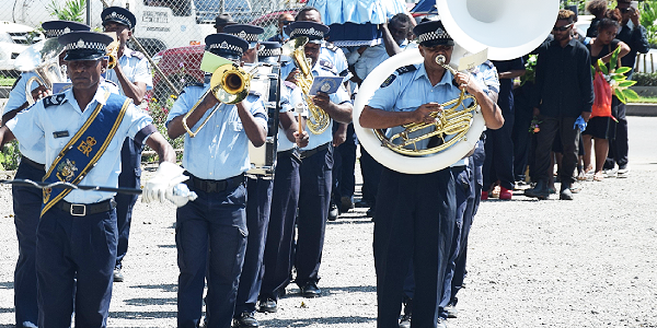 The Police Band taking the lead upon the arrival of the Late Kalola casket at the St Barnabas Cathedral Church in Honiara.