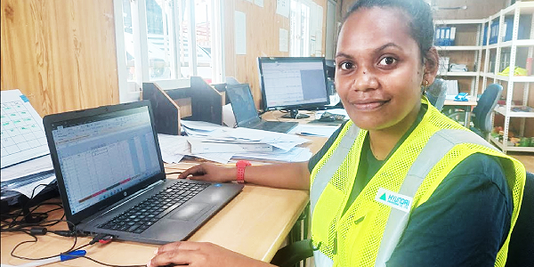 The workshop Clerk of HEC, Penina Samasoni while on duty at the company’s workshop which is located at the campsite. Photo supplied.