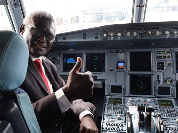 A jubilant Prime Minister Sogavare in the cockpit of the new airbus A320, H4 SAL. Photo credit: PM’s Press Secretariat.