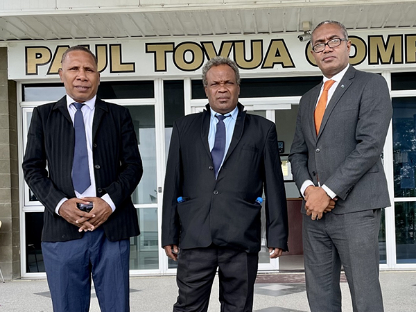 MP Tuasulia flanked by the East Honiara MP (left) and the East Are’are MP and Parliamentary Wing Leader of SIUP, Peter Kenilorea Jr. Photo credit: SIUP.