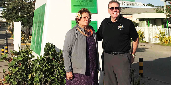 Amata Coleman Radewagen and Neal Dunn outside the Coastwatchers Monument at Point Cruz before flying off to Port Moresby last Wednesday. Photo supplied.