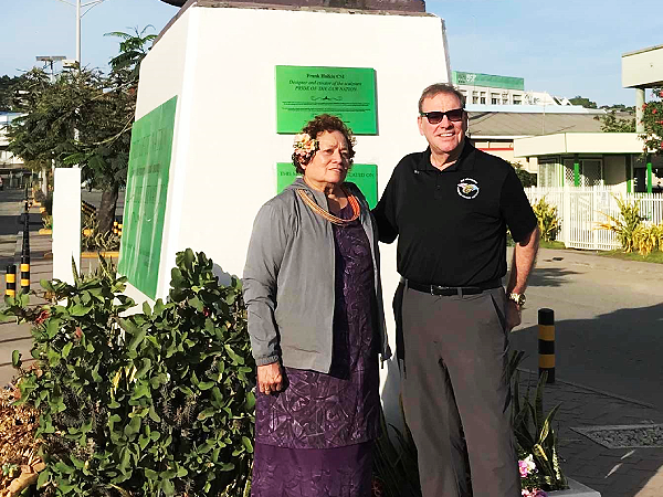 Amata Coleman Radewagen and Neal Dunn outside the Coastwatchers Monument at Point Cruz before flying off to Port Moresby last Wednesday. Photo supplied.