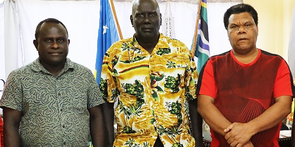 Minister of Commerce Fredrick Kologeto, the Honorable Premier Billy Veo, and the Minister of MRD Duddley Kopu.