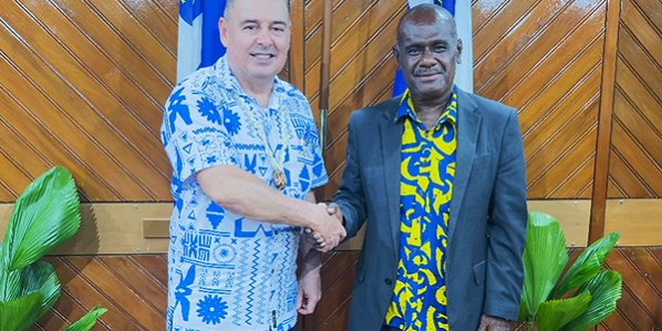 MFAET Minister Jeremiah Manele with the Chair of the Pacific Islands Forum and Prime Minister of Cook Islands Mark Brown. Photo, MFAET.