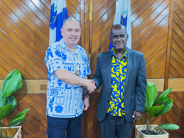 MFAET Minister Jeremiah Manele with the Chair of the Pacific Islands Forum and Prime Minister of Cook Islands Mark Brown. Photo, MFAET.