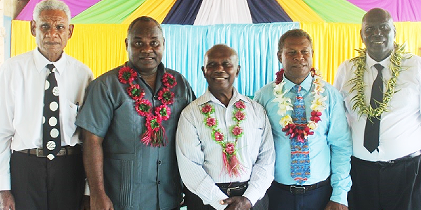 Premier Veo, far right, with Seventh Day Adventist leaders at the new church building dedication ceremony.