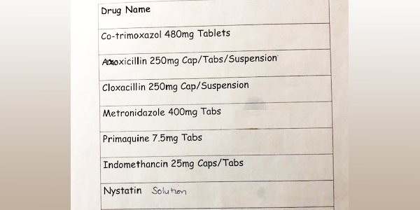 List of drugs unavailable, pinned outside Rove clinic.