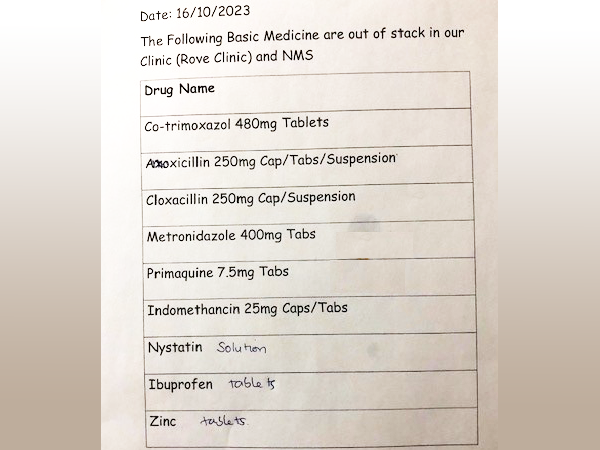 List of drugs unavailable, pinned outside Rove clinic.