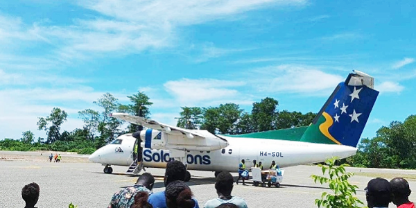 The Dash-8 aircraft at the upgraded Taro Airport during the proving flight on Wednesday. Photo by Kris Lekelalu.