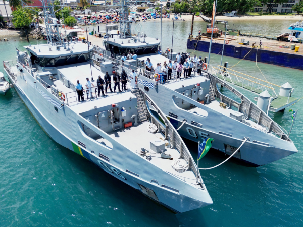 PM Sogavare and Rod Hilton of the Australian High Commission on board one of the two RSIPF patrol boats funded by Australia.
