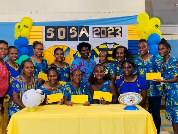 SOSA Netters at the Awards Presentation Night programme, with the HNA President Margaret Talasasa (centre). Photo, SOSA Netball.