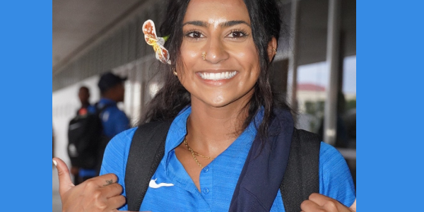 Trina Davis radiating with excitement on arrival at the Honiara International Airport yesterday. Photo by LACHLAN EDDIE.