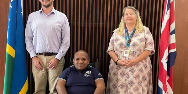 High Commissioner for a Day, Ellington Kabui with High Commissioner Thomas Coward and Deputy High Commissioner Emma Davis. Photo by BHC.