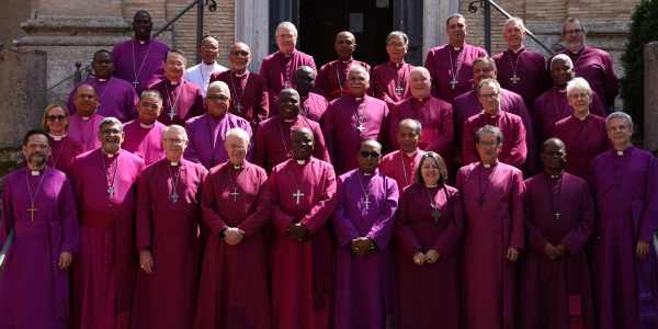 Primates’ Meeting 2024 – on Pilgrimage at Tre Fontane on the steps of the Church of Santa Maria Scala Coeli. Photo, Anglican Communion, FB.