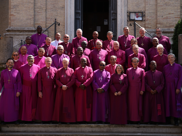 Primates’ Meeting 2024 – on Pilgrimage at Tre Fontane on the steps of the Church of Santa Maria Scala Coeli. Photo, Anglican Communion, FB.