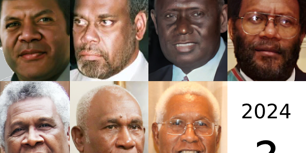 Governor Generals since Independence, 1978. (L2R, T2B) Sir Baddeley Devesi, Sir George Lepping, Sir Moses Pitakaka, Sir Nathaniel Waena, Sir Frank Kabui and Sir David Vunagi.