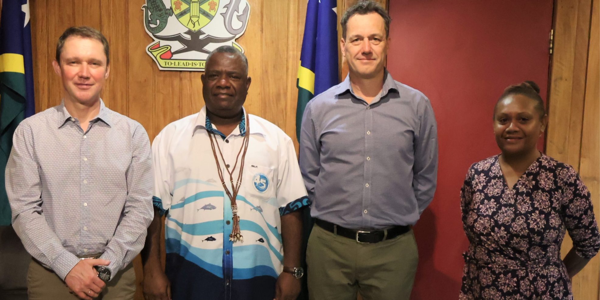 Acting PM flanked by outgoing GM Mark and new GM Corby. Far right is Corporate and Regulatory Affairs Executive, Ms. Aitorea.