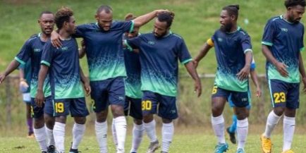 FC Juniper Tree players celebrating one of their five goals.