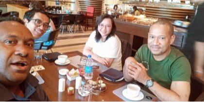 Journalists from Solomon Islands, Papua New Guinea, Singapore and Indonesia having breakfast at Le-Meridien hotel in New Delhi on Sunday morning.