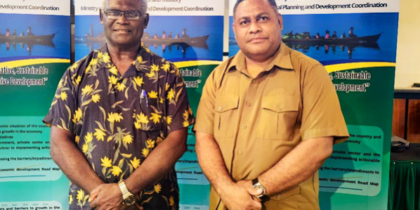 Minister of Finance and Treasury, Manasseh Sogavare and Minister of Development Planning and Aid Coordination, Rexson Annex Ramofafia at the end of the National Economic Summit at Mendana Hotel on Thursday.