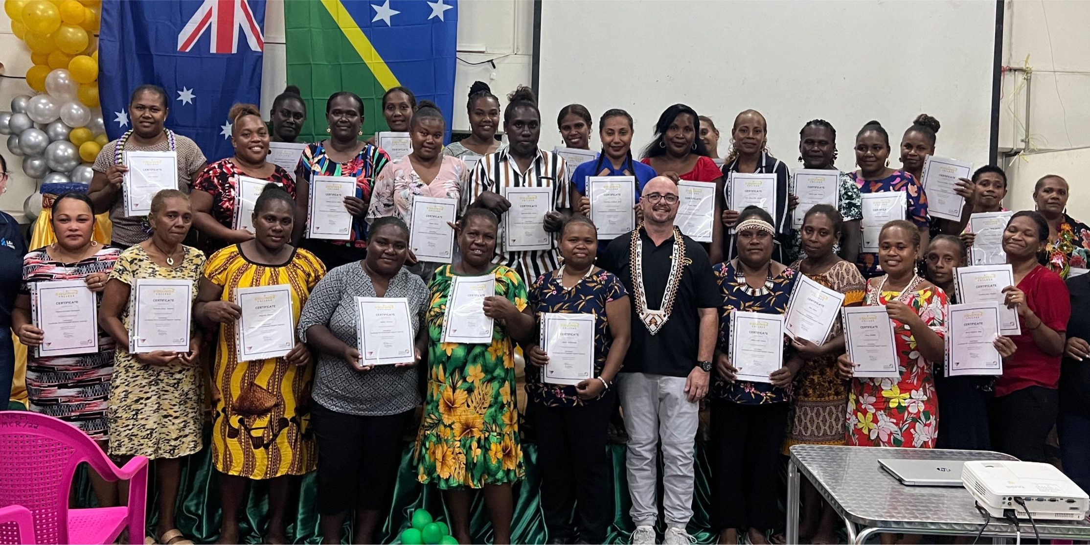 The 32 women who graduated today at the NRH with their trainers.