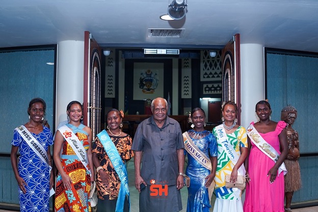 The six Miss Solomon Islands Pageant 2024 contestants at Parliament with the Speaker Patteson John Oti. Photo credit- Solomon Host