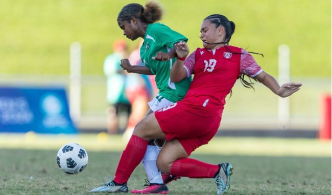 Action clash between Solomon Islands U16 Women’s Team and Tahiti on Monday. Photo OFC Media