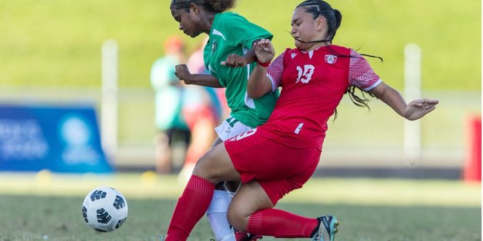 Action clash between Solomon Islands U16 Women’s Team and Tahiti on Monday. Photo OFC Media