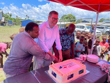 Australian Minister for Pacific, Pat Conroy MP, Mr Willie Atu, Premier of Guadalcanal Provincial Government, and Chairman of Lungga Community High School Mr David Suata