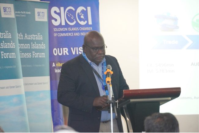 CBSI DEPUTY Governor Moveni speaking at the 13th Australia – Solomon Islands Business Forum