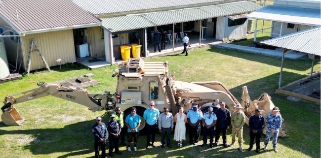 Minister Mahaga, HE Rod Hilton, Assistant Commissioner Mathias Lenialu with EODD, NDMO and Defence Australia staff at Hells Point for the Capability Demonstration