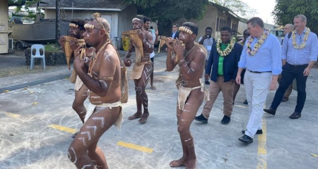 Minister Pat Conroy MP and Minister for Health and Medical Services, Hon Paul Popora Bosawai being welcome at the Ministry of Health
