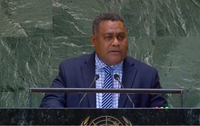 Minister for National Planning and Development Coordination Hon. Rexon Ramofafia delivering the Solomon Islands’ national statement