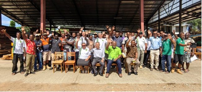 MoFR Director Timber Utilization and Processing Division, Stephanie Rikoi, Ambassador Miwa Yoshiaki, MoFR Minister Makario Tagini.