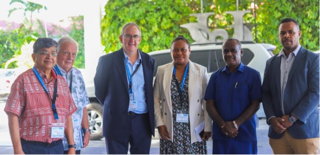 PM Manele (second from right) with members with members of SICCI and the Australia-Pacific Business Council in Honiara for the 13th Australia-Solomon Islands Business Forum in Honiara