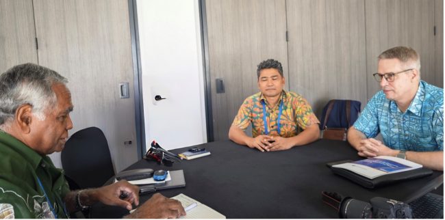 SPM Dr Jimmie Rodgers (far left) meeting the United Nations Resident Coordinator in Fiji, Dirk Wagener (wearing glasses) at the margins of the PIF meeting in Nuku’alofa, Tonga. Photo- OPMC
