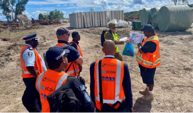 The visiting delegation is briefed by ADF and contractor on site at Shortland Island