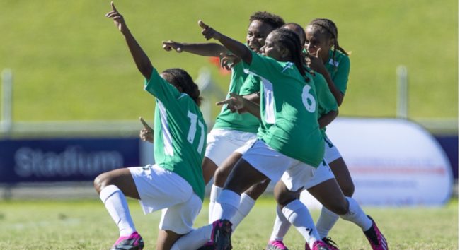 U16 girls celebarting one of their goals