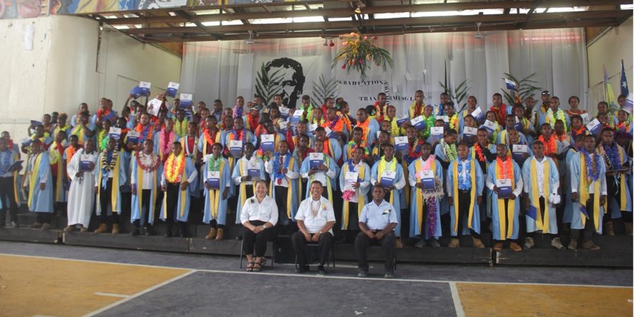 APTC Country Director Abigail Chang, DBTI Rector Fr Raphael and Principal Pall Daro with graduands