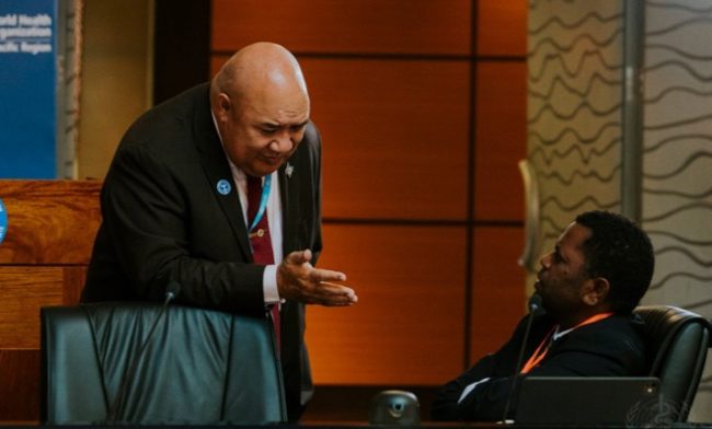 Dr Saia Ma’u Piukala, WHO Regional Director for the Western Pacific, sharing a light moment with MHMS Minister Dr Bosawai