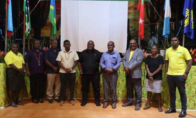 Group photo of newly elected office Executive with Parliamentary Wing Leader and PM Hon. Manele MP and Deputy Wing Leader and DPM, Hon. Tovosia MP