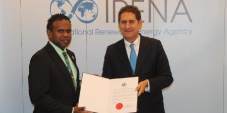 His Excellency Cornelius Walegerea, officially presenting his credentials to Mr. Francesco La Camera, Director-General of IRENA.