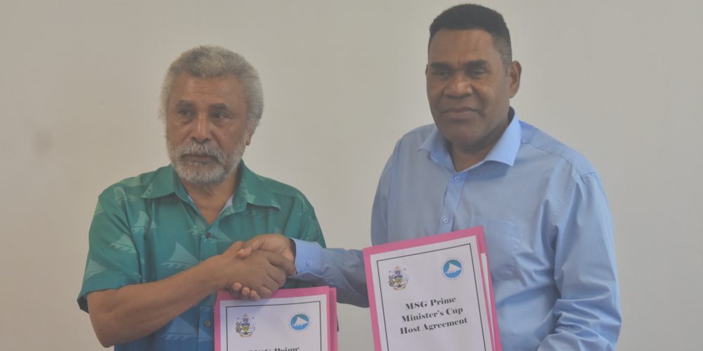 MHA Supervising PS Stanley Wale and MSG Director General Loenard Louma during the MSG PM’s cup official agreement signing.