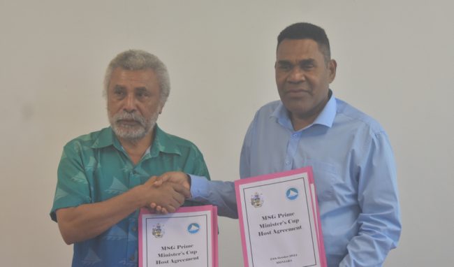 MHA Supervising PS Stanley Wale and MSG Director General Loenard Louma during the MSG PM’s cup official agreement signing.