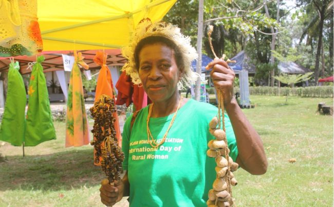 Ms Lydia Rosa from Belaha displays her traditional handcrafts