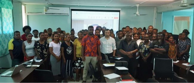The participants with the Acting Government Statistician Samson Kanamoli, CAPSA Resident Statistics Adviser Dr Cengiz Ozkhan, and Chief Statistician Economics Andrew Kakate.
