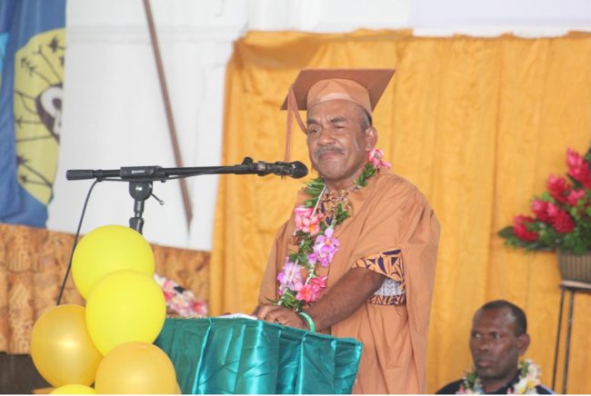 Honiara High School Principal Allen Ketei delivering his speech at the school’s annual graduation and prize-giving ceremony